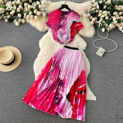 Printed Top&Pleated Skirt 2Pcs