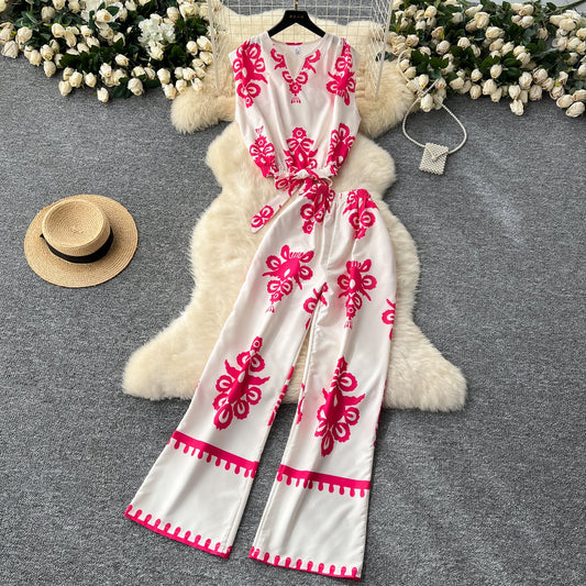 Printed Sleeveless Top & Wide Leg Pants Set
