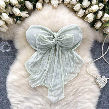 Ethereal Bow-Adorned Lace Bustier Top