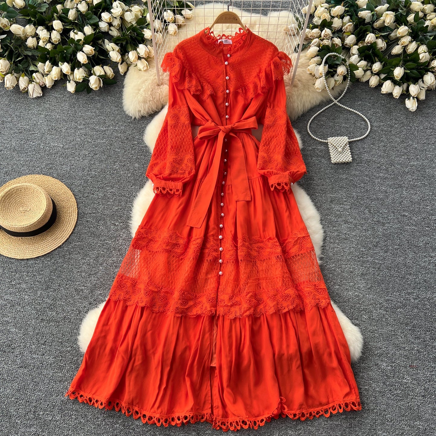 Vintage Lace Patchwork Single-breasted Dress