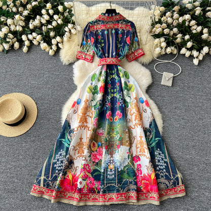 Courtly Floral Single-breasted Dress