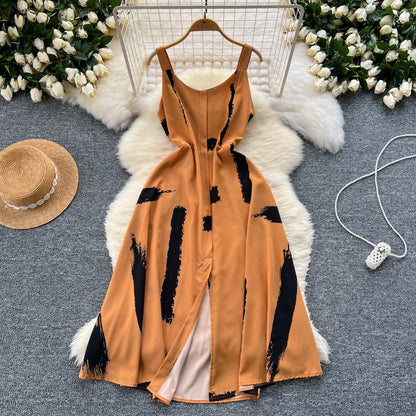 Vintage Printed Split Slip Dress