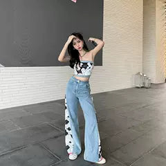 Chic Printed Patchwork Flared Jeans