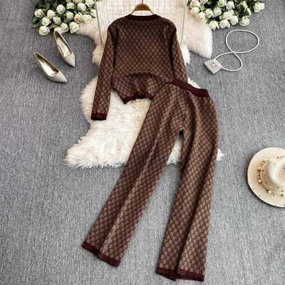 Plaid Cardigan&Wide-leg Trousers 2Pcs