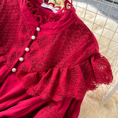 Vintage Lace Patchwork Single-breasted Dress