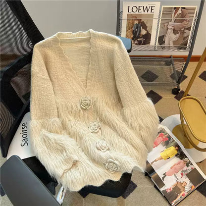 3D Flower Mink Patchwork Cardigan