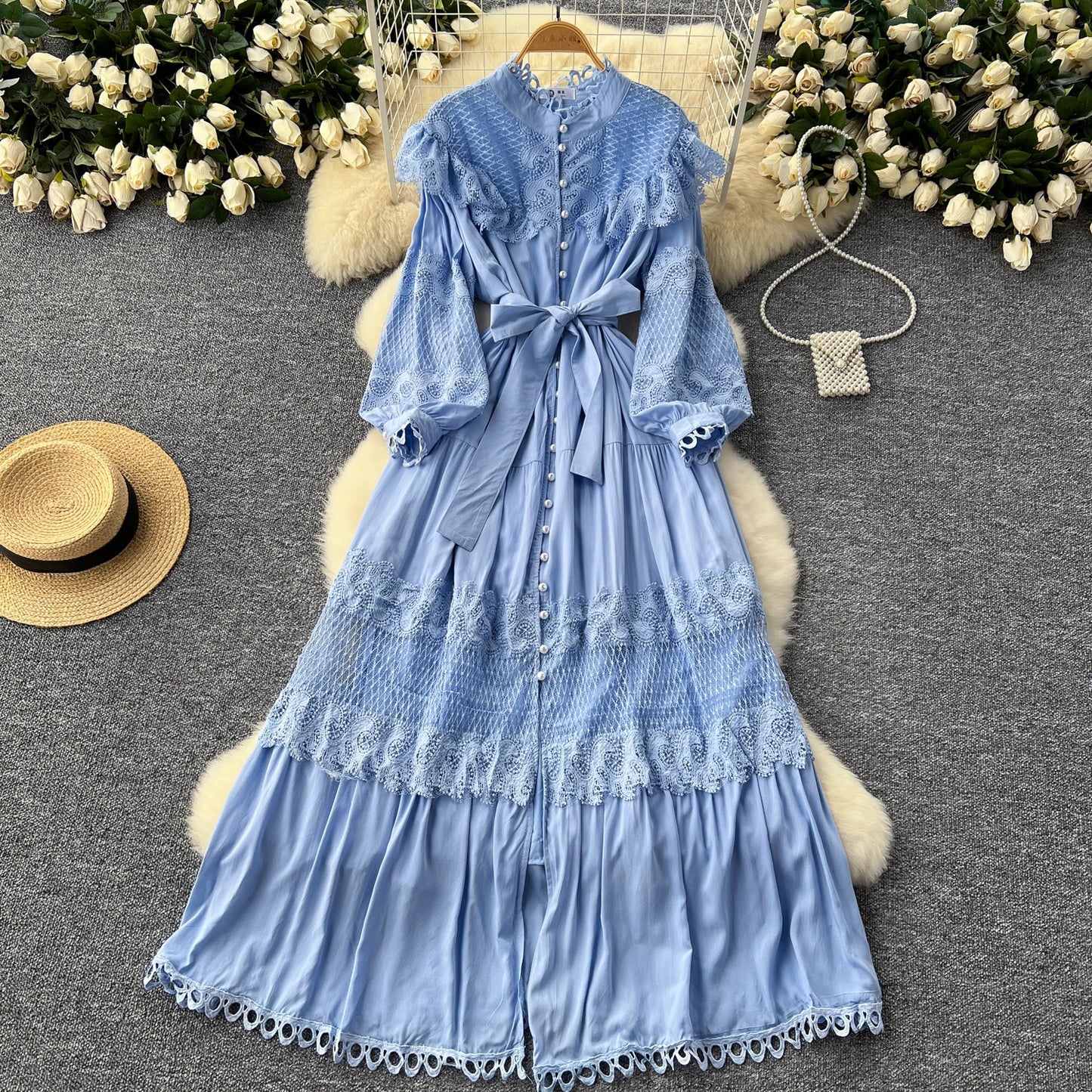 Vintage Lace Patchwork Single-breasted Dress