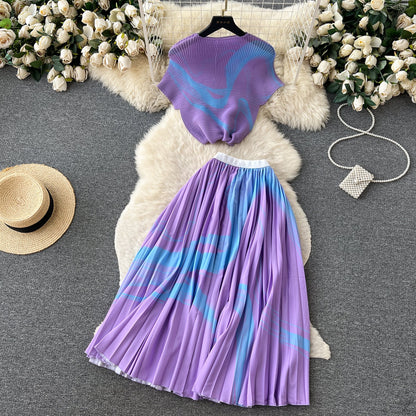 Printed Top&Pleated Skirt 2Pcs