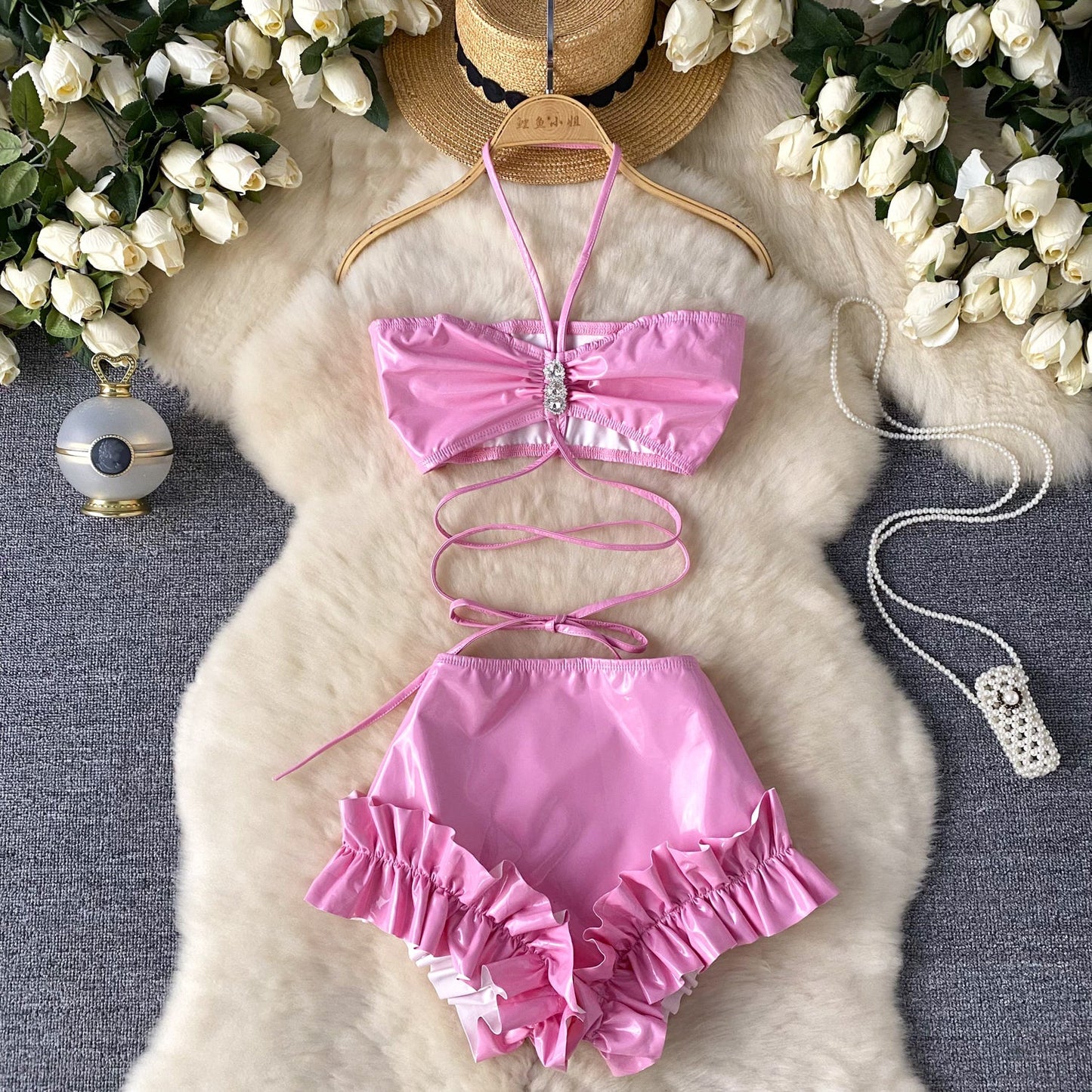 Halter Top&Ruffled Shorts PU 2Pcs