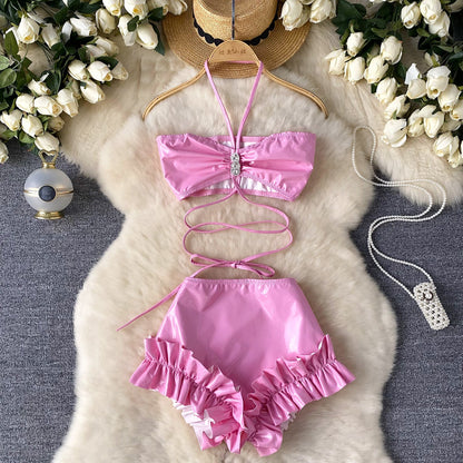 Halter Top&Ruffled Shorts PU 2Pcs