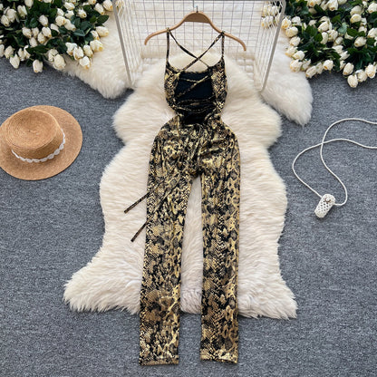 Chic Gold Stamped Slip Jumpsuits