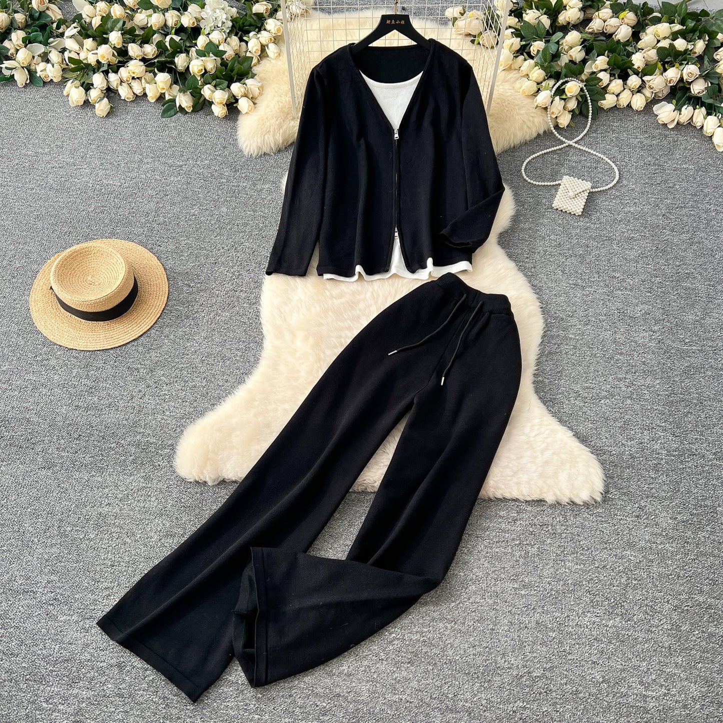Faux Two-pieces Cardigan & Trousers 2Pcs