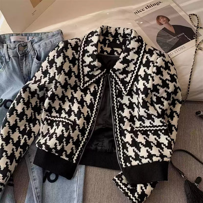 Houndstooth Lapeled Color Blocking Jacket