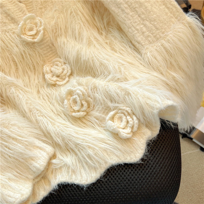 3D Flower Mink Patchwork Cardigan
