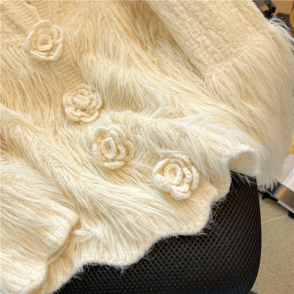 3D Flower Mink Patchwork Cardigan