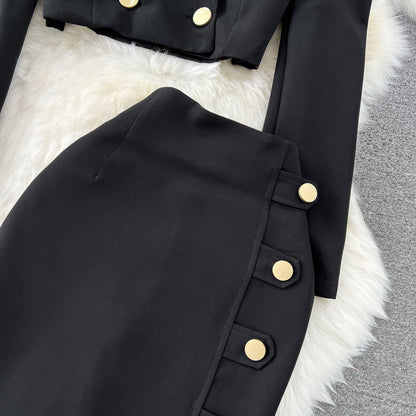 Black Blazer and Skirt Set Office Wear