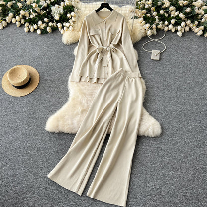 Tie Front Lounge Set Cozy Cardigan & Wide Leg Trousers