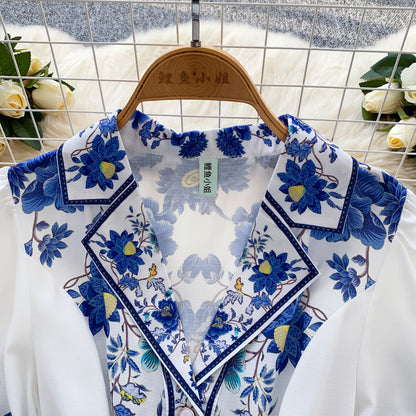 Suit Collar Printed V-neck Shirt Dress
