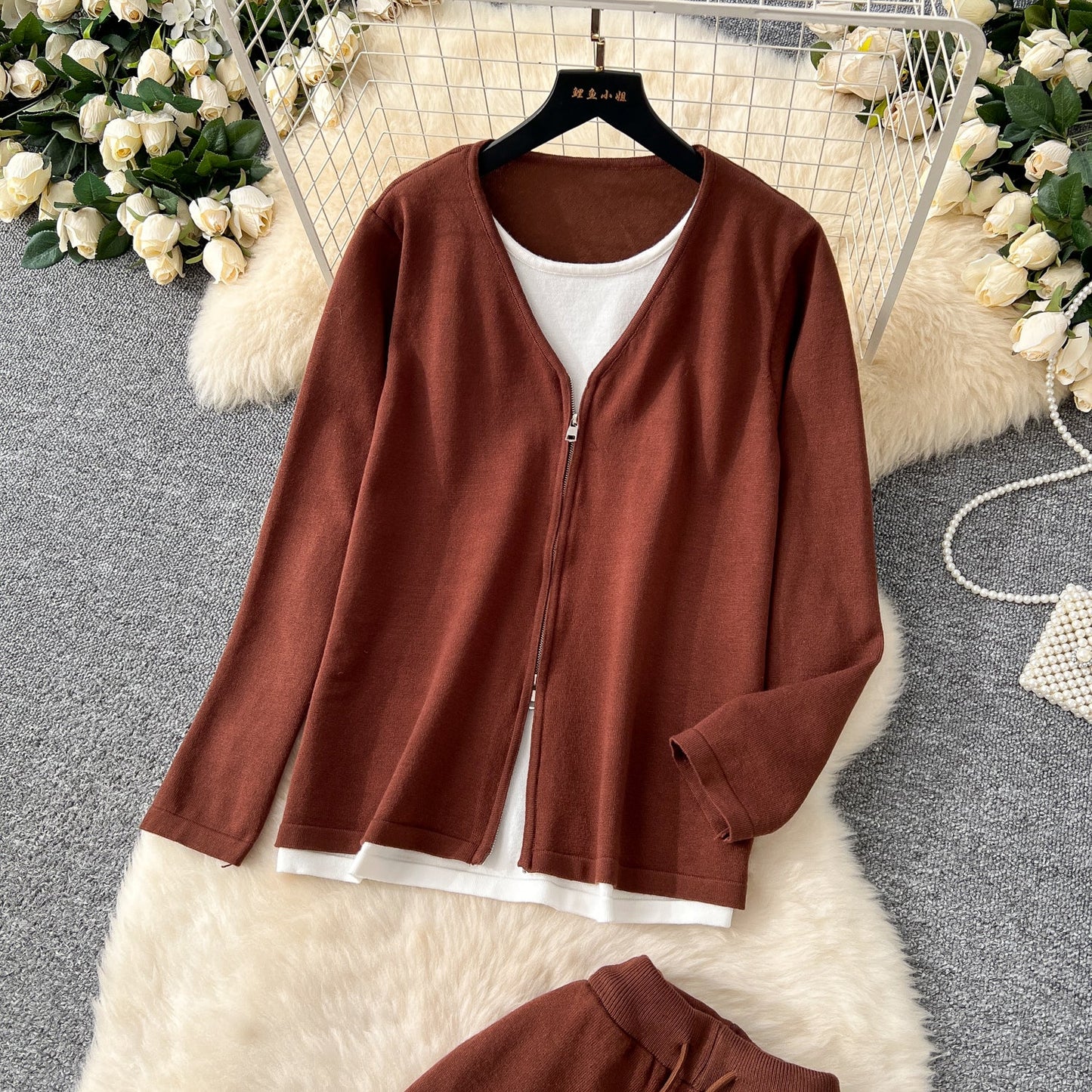 Faux Two-pieces Cardigan & Trousers 2Pcs