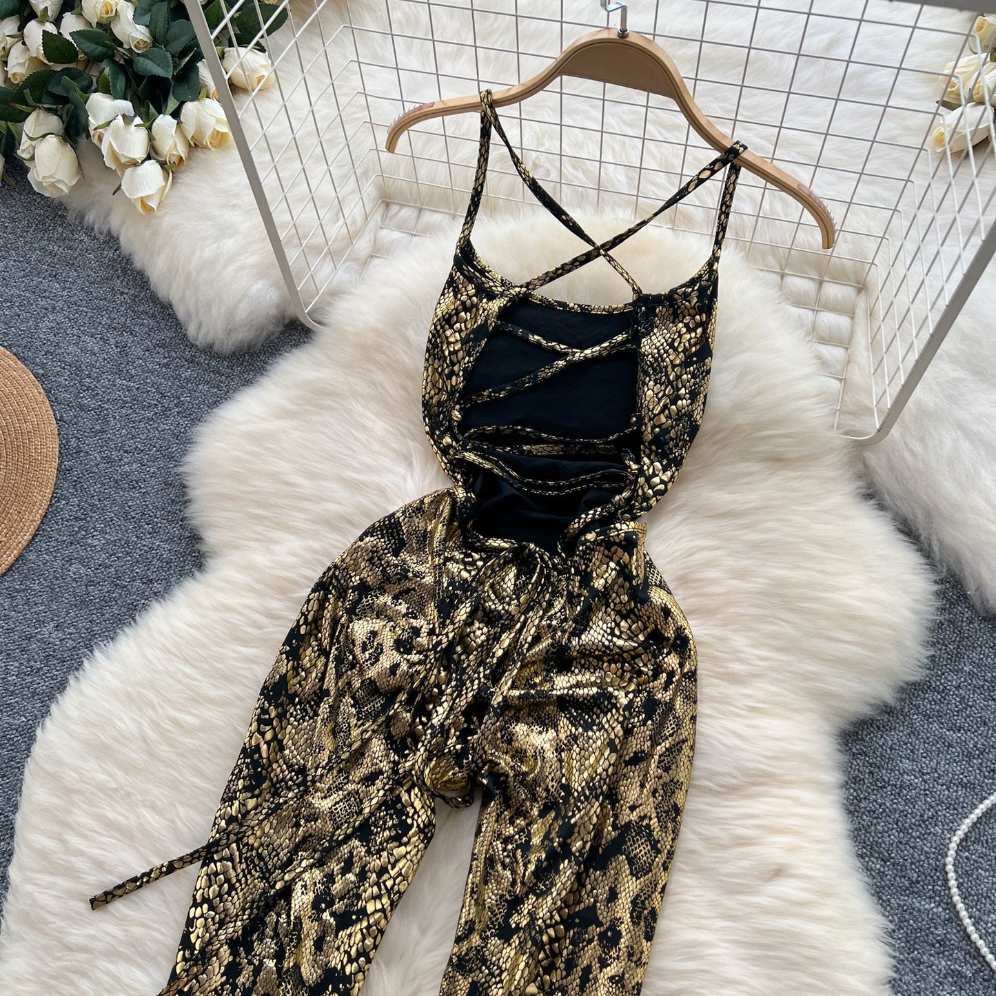 Chic Gold Stamped Slip Jumpsuits