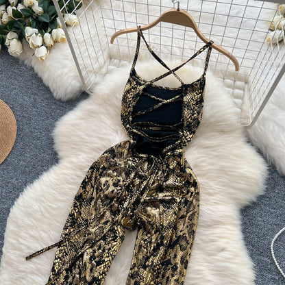 Chic Gold Stamped Slip Jumpsuits