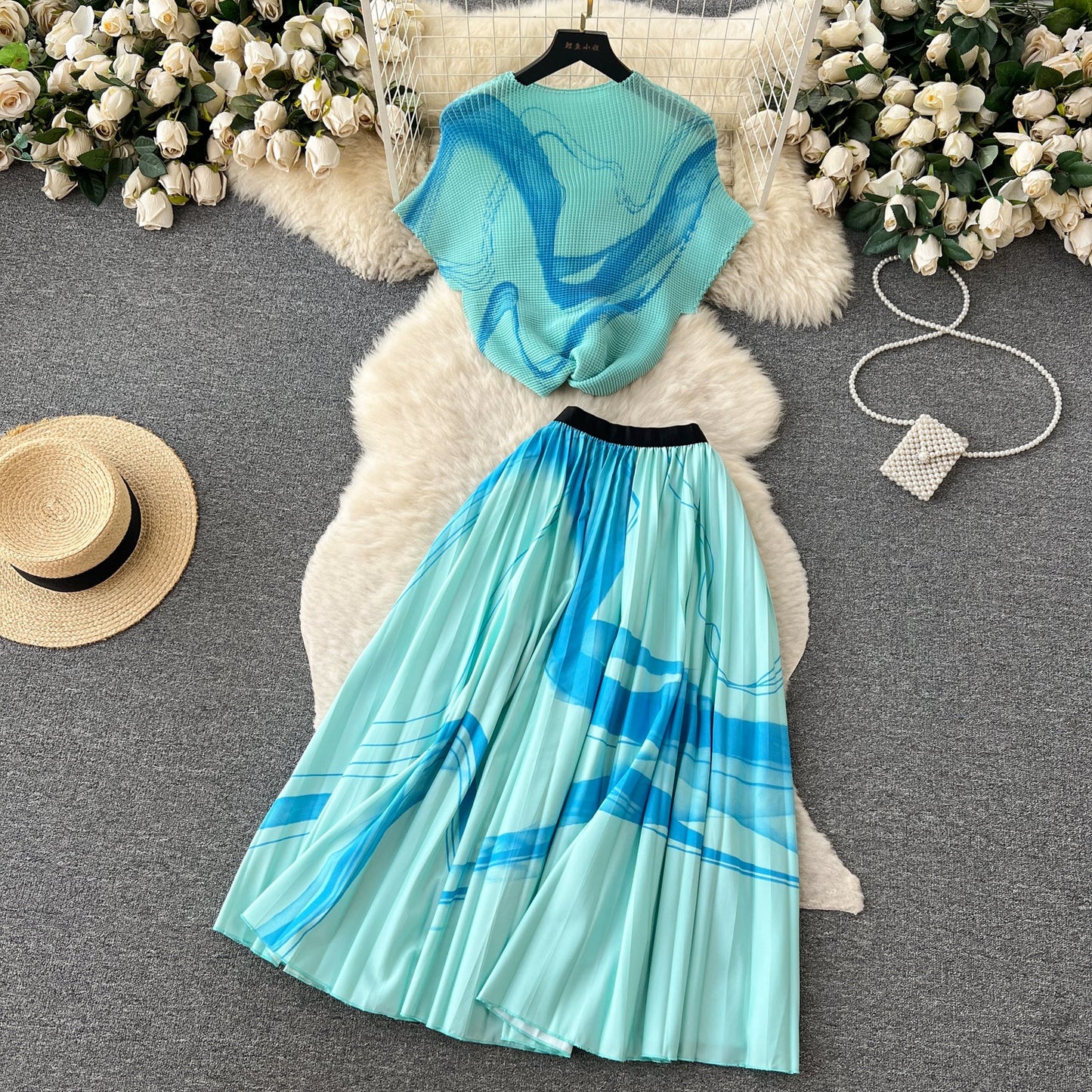 Printed Top&Pleated Skirt 2Pcs