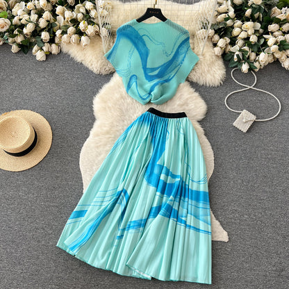 Printed Top&Pleated Skirt 2Pcs