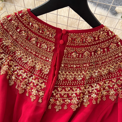 Rhinestone Embellished Pleated Dress