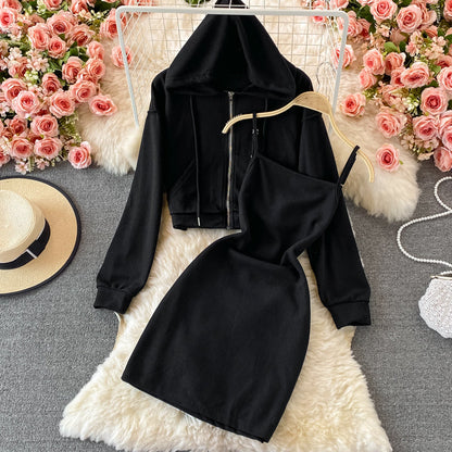 Cropped  Zip Up Hoodie with Slip Dress