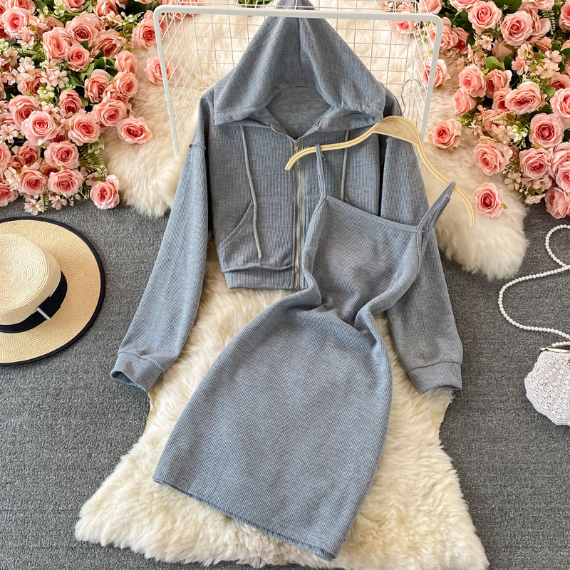 Cropped  Zip Up Hoodie with Slip Dress