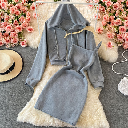 Cropped  Zip Up Hoodie with Slip Dress