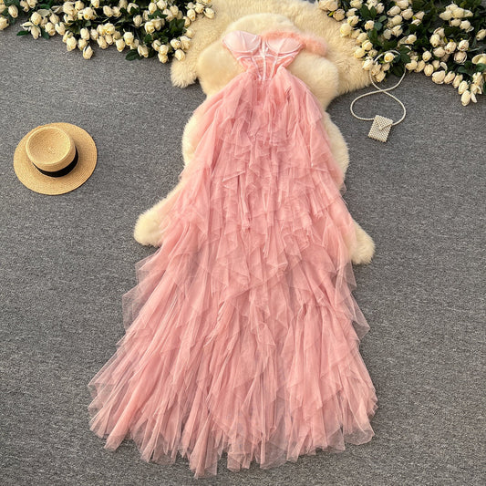 Strapless See-through Mesh Puffy Dress