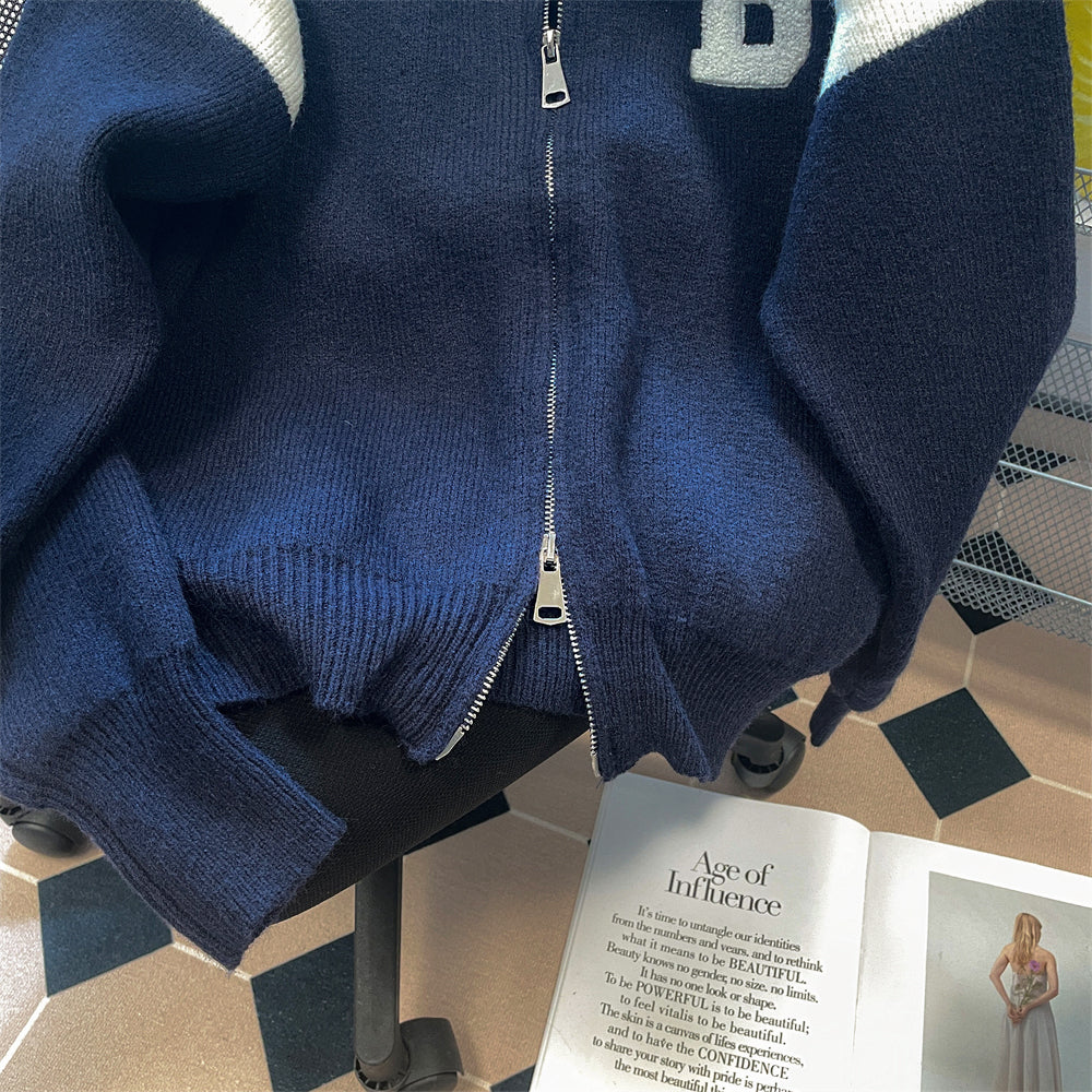 Stand Collar Color-blocking Striped Cardigan