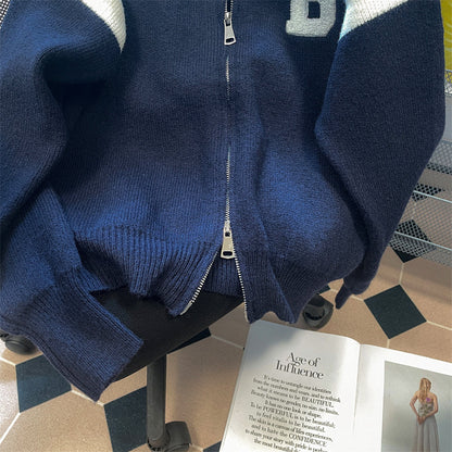 Stand Collar Color-blocking Striped Cardigan