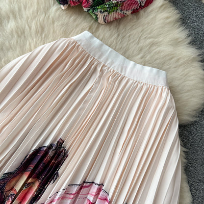 Printed Top&Pleated Skirt 2Pcs