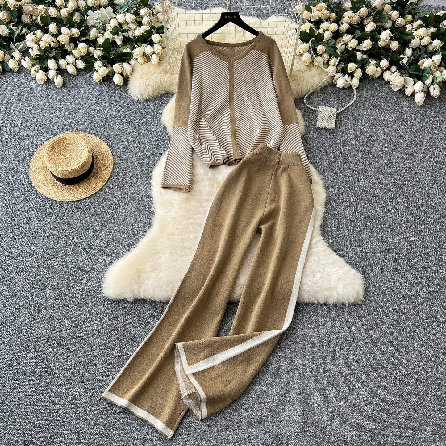 Striped V-Neck Knit Set – Sweater & Trousers