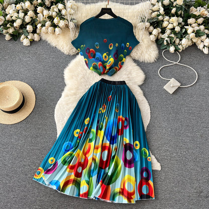 Printed Top&Pleated Skirt 2Pcs