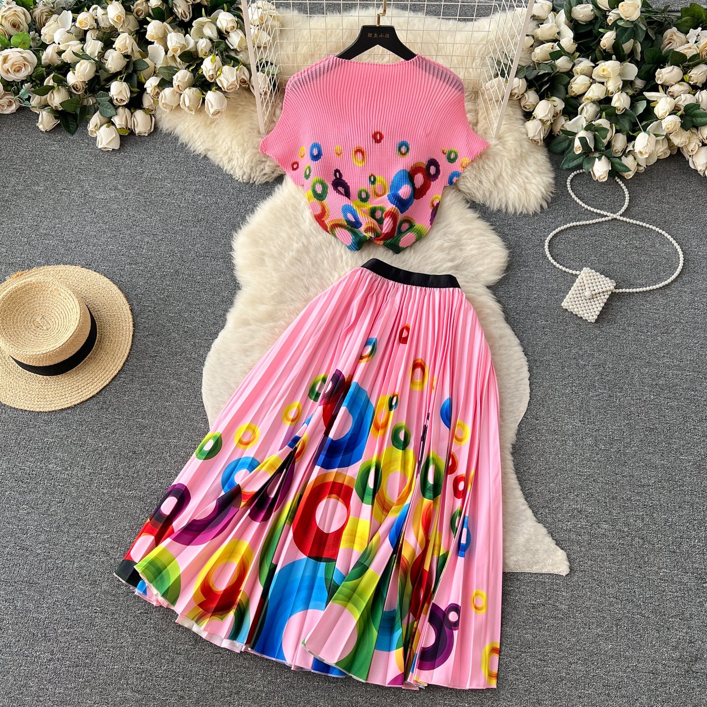Printed Top&Pleated Skirt 2Pcs