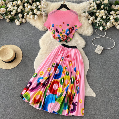 Printed Top&Pleated Skirt 2Pcs