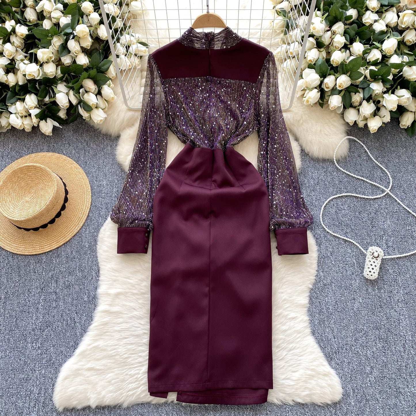 Sequined Mesh Patchwork Satin Dress