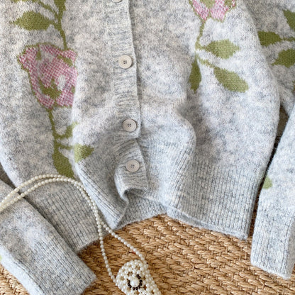 Round Collar Floral Embroidered Cardigan