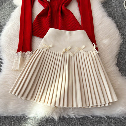 Lace Bow-tie Knitwear&Skirt Elegant 2Pcs