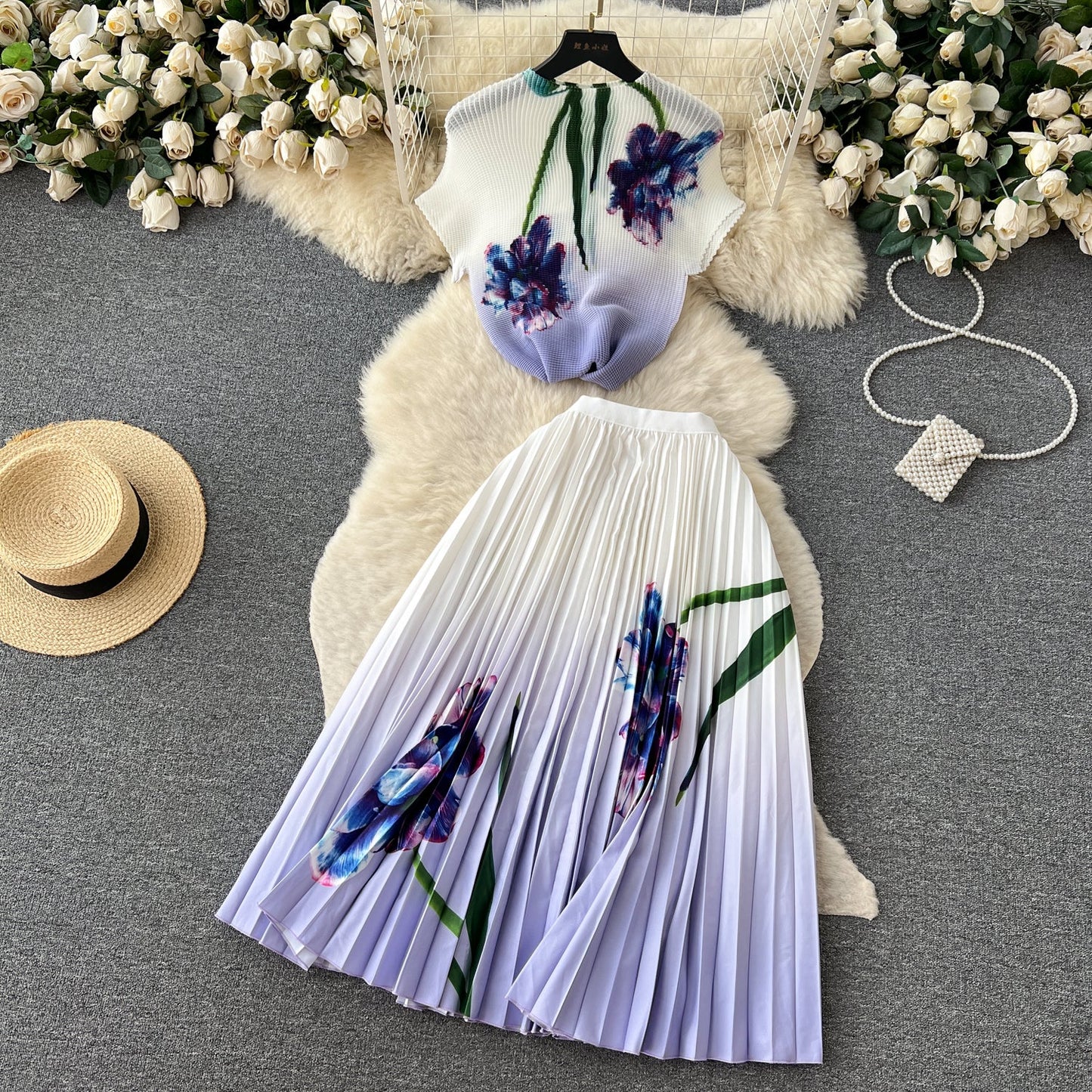 Printed Top&Pleated Skirt 2Pcs