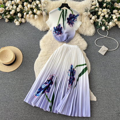 Printed Top&Pleated Skirt 2Pcs
