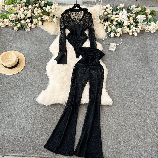 Designer Black Lace Jumpsuit & Trousers Set