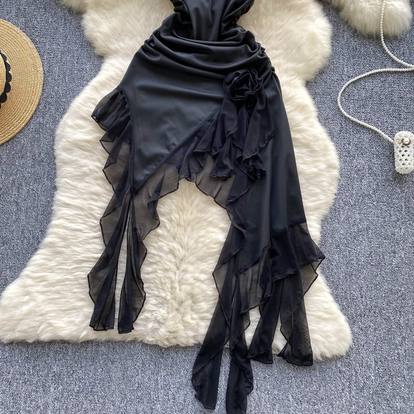 Irregular Design Pleated Black Dress