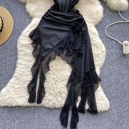 Irregular Design Pleated Black Dress
