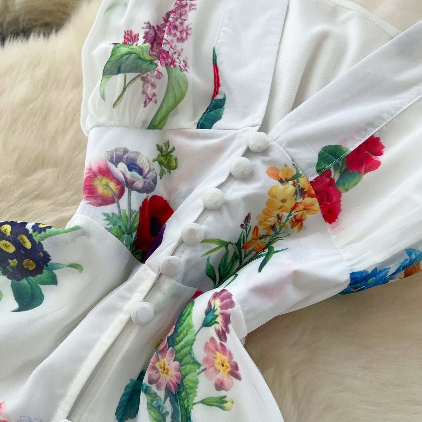 Deep V-neck Floral Chiffon Dress