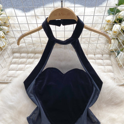 Sheer Mesh Cutout Halter Romper