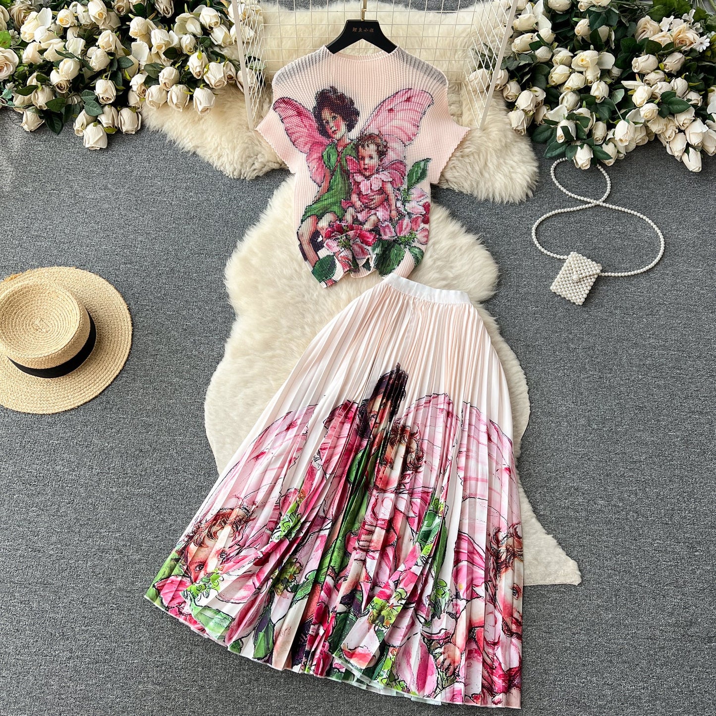 Printed Top&Pleated Skirt 2Pcs